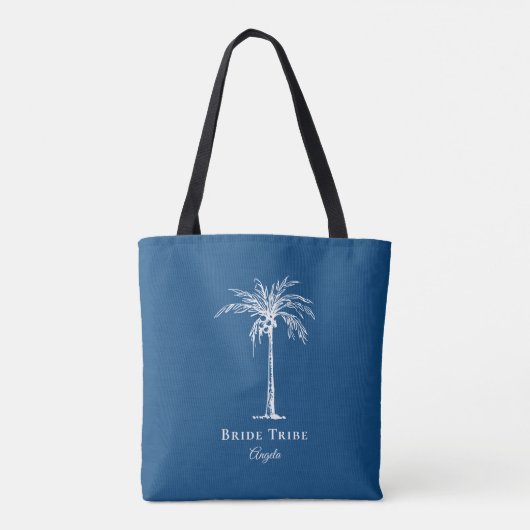 Bride Tribe Blue White Palm Tree Aangepast Tote Bag (Achterkant)