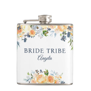 Bride Tribe Coral Peach Navy Floral gepersonalisee Heupfles