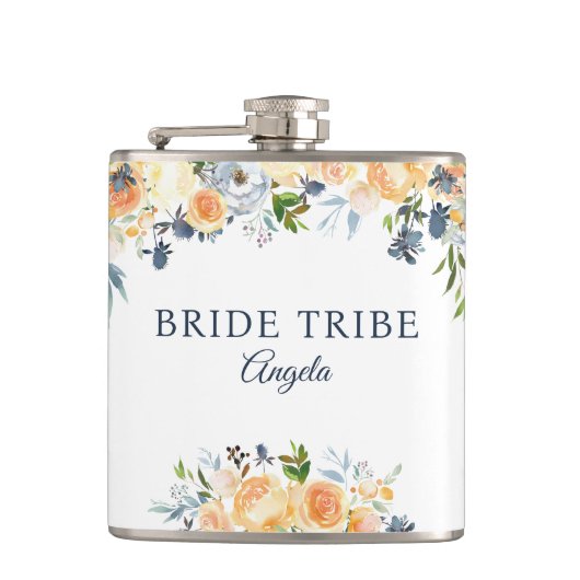 Bride Tribe Coral Peach Navy Floral gepersonalisee Heupfles (Voorkant)