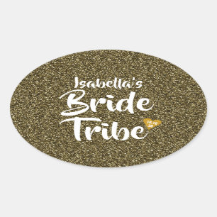 Bride Tribe Gold Date Heart Personalized Glitter Ovale Sticker