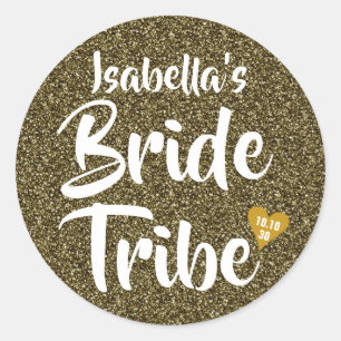 Bride Tribe Gold Date Heart Personalized Glitter Ronde Sticker