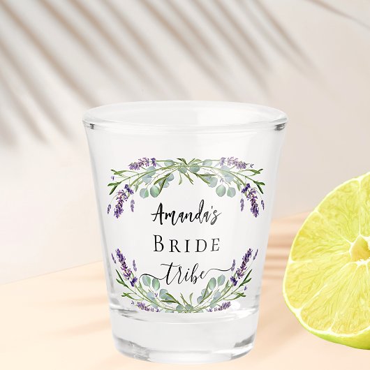 Bride tribe lavender eucalyptus greenery bruiloft shot glas