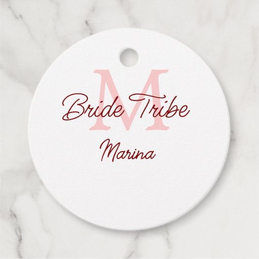 Bride Tribe monogram rood vrijgezellenfeest eenvou Bedankjes Labels (Voorkant)