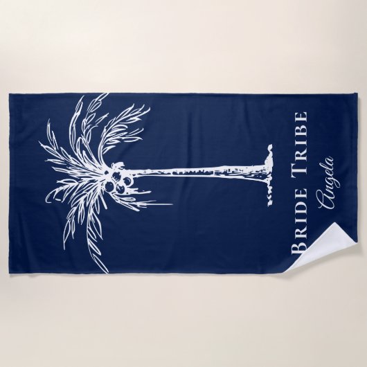 Bride Tribe Navy Blue White Palm Tree (aangepast) Strandlaken (Voorkant)