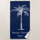 Bride Tribe Navy Blue White Palm Tree (aangepast) Strandlaken (Voorkant)