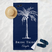 Bride Tribe Navy Blue White Palm Tree (aangepast) Strandlaken