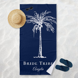 Bride Tribe Navy Blue White Palm Tree (aangepast) Strandlaken