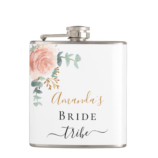 Bride tribe roze florale eucalyptus bachelorette heupfles (Voorkant)