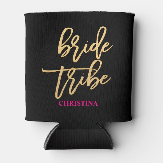 Bride Tribe Script Black/Gold/Hot Pink personalise Blikjeskoeler (Voorkant)