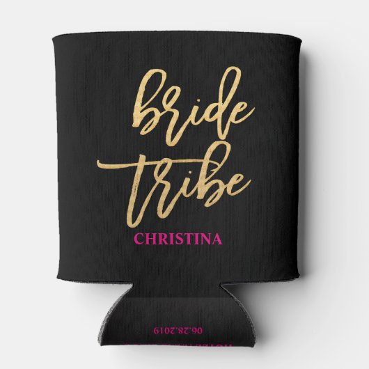 Bride Tribe Script Black/Gold/Hot Pink personalise Blikjeskoeler (Achterkant)
