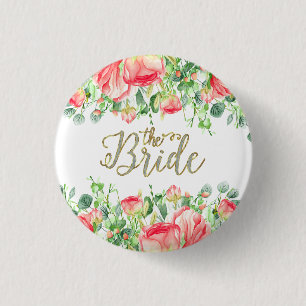 Bride Typografie met roze bloemen Lijst Ronde Button 3,2 Cm