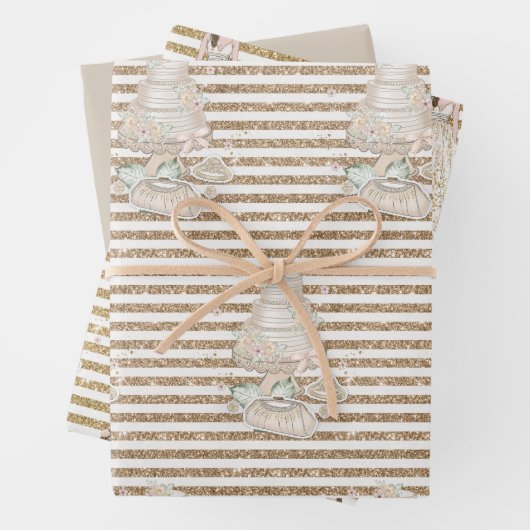 Bride Wedding Cake Gold Glitter Stripes Inpakpapier Vel (In situ)