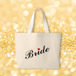 Bride Wedding Vrijgezellenfeest Bachelorette Party Grote Tote Bag<br><div class="desc">Prachtige,  elegante zwarte tekst op een wit typografische script,  rood hart,  stijlvol,  veelzijdig,  trendy,  duurzaam,  100% wattenstaafjumbo-canvas tas voor de bruid voor vrijgezellenfeest,  bachelorette party,  bruiloft.</div>