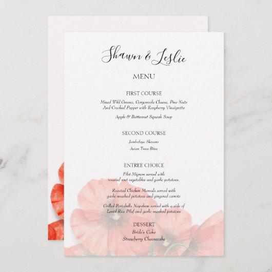 Bridebloem Bruiloftsreceptie Menu Kaart (Voorkant / Achterkant)