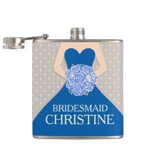 Bridemaid royal blue jurk genaamd hip flask heupfles