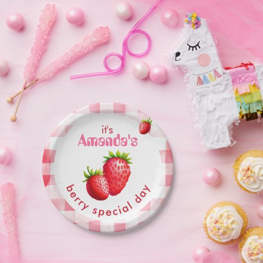 Bride's Berry Special Day Aardbei Retro Gingham Papieren Bordje (Feest)