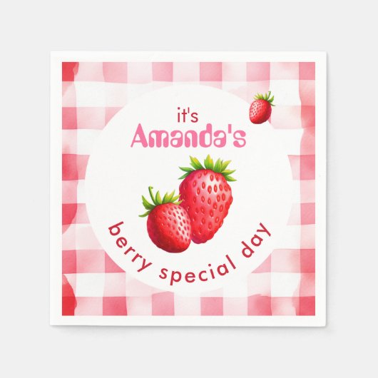 Bride's Berry Special Day Aardbei Retro Gingham Servet (Voorkant)