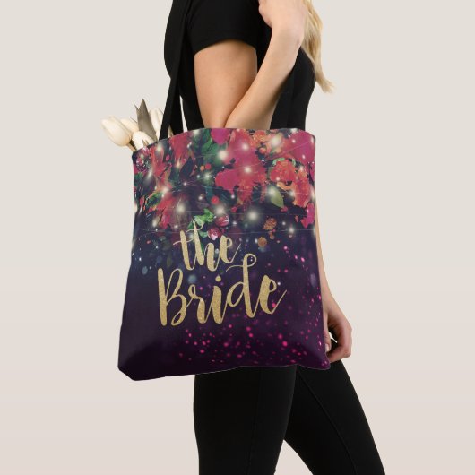 Brides Burgundy Red Floral String Lights Tote Bag (Dichtbij)