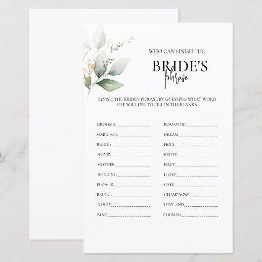 Bride's expression greenery vrijgezellenfeest game (Voorkant / Achterkant)