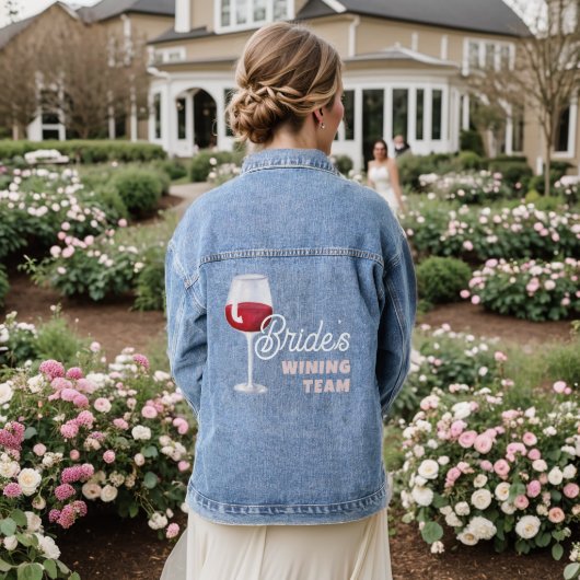 Bride's Winning Rode Wijn Drink Team Bachelorette Denim Jacket (Huwelijk Achterkant)