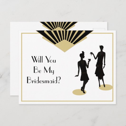 Bridesmaid Art Deco Black Gold Uitnodiging Briefkaart (Voorkant / Achterkant)