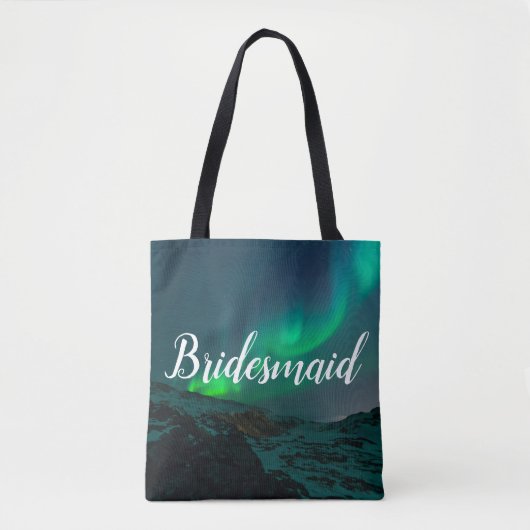 Bridesmaid Aurora Lights Script Elegant Weddenscha Tote Bag (Voorkant)