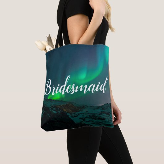 Bridesmaid Aurora Lights Script Elegant Weddenscha Tote Bag (Dichtbij)