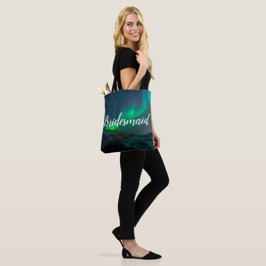 Bridesmaid Aurora Lights Script Elegant Weddenscha Tote Bag (Op model)