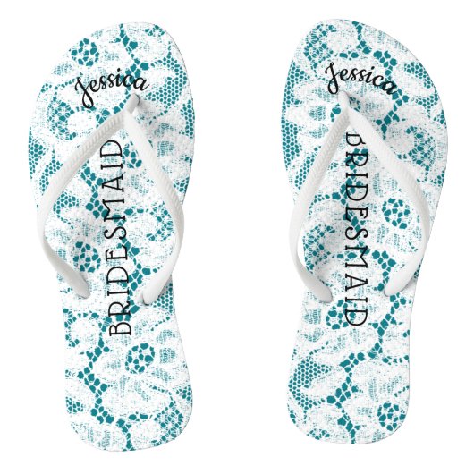 Bridesmaid Beach Wedding | Floral White Lace Aqua Teenslippers (Voetbed)