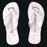 Bridesmaid Beach Wedding | Floral White Lace Pink Teenslippers<br><div class="desc">Gepersonaliseerde, romantische kant strandstrand bruiloft flip flop sandals - Faux stijl, floral white lace op feminine roze achtergrond. Naam van bridesmaid bovenaan in gebogen, elegante stijl, scriptletters. Bridesmaid is in het midden in moderne letters bedrukt. Verandering om leden van de bruidspartij te passen, zoals bruid, bloemmeisje of eerwraak. trouwfeesten voor...</div>