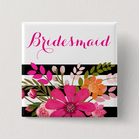 Bridesmaid Black White Striped Flowers | fuchsia Vierkante Button 5,1 Cm (Voorkant)