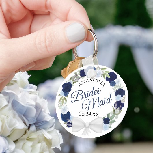 Bridesmaid Blue Waterverf Floral Wreath Wedding Sleutelhanger