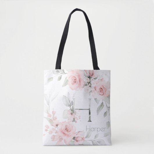 Bridesmaid Blush Pink Rose Monogram Letter H Tote Bag (Voorkant)