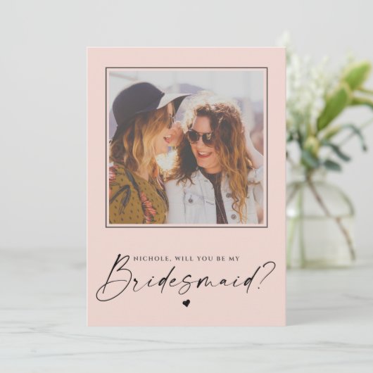 Bridesmaid Blush-roze voorstelfotokaart (Staand voorkant)