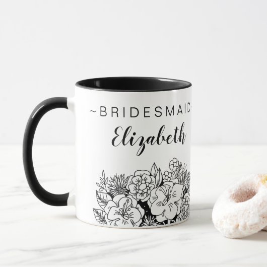 Bridesmaid Bouquet, zwart en wit, met naam Mok (Met donut)