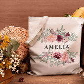 Bridesmaid Burgundy en Pink Floral Monogram Naam Tote Bag