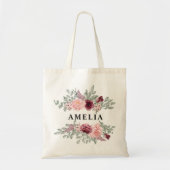 Bridesmaid Burgundy en Pink Floral Monogram Naam Tote Bag (Voorkant)
