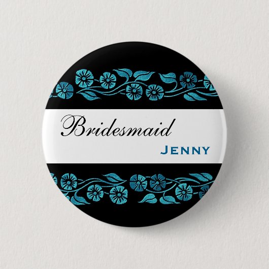 Bridesmaid Button Black met Blue  Flowers (Voorkant)