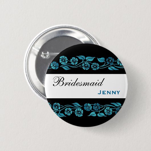 Bridesmaid Button Black met Blue  Flowers (Voorkant /achterkant)