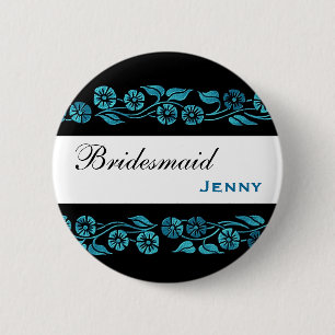 Bridesmaid Button Black met Blue Flowers