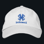Bridesmaid Custom Wedding Monogrammed Baseball Pet<br><div class="desc">Verras je bruidsmeisjes met dit coole baseball-pet met hun 3-letterige monogram en het woord bridesmaid hieronder. Hierboven afgebeeld is een pet van de kaki met koninklijke blauwe tekst maar u kunt de pet en tekstkleuren gemakkelijk veranderen om uw trouwthema/kleuren aan te passen. Dit maakt een geweldige vrijgezellenfeest of huwelijksgunst cadeau....</div>