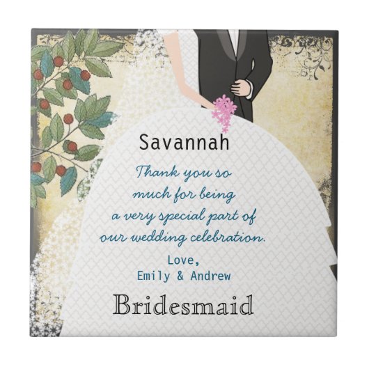 Bridesmaid Dank u voor de Tile Gown Tree Filigree  Tegeltje (Voorkant)