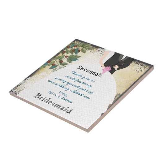 Bridesmaid Dank u voor de Tile Gown Tree Filigree  Tegeltje (Zijkant)