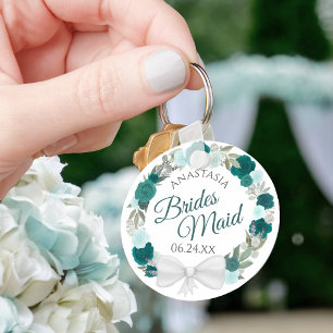 Bridesmaid Elegant Blauwgroen Floral Wreath Weddin Sleutelhanger