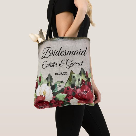 Bridesmaid | Elegant Dark Red Floral Gothic Weddin Tote Bag (Dichtbij)