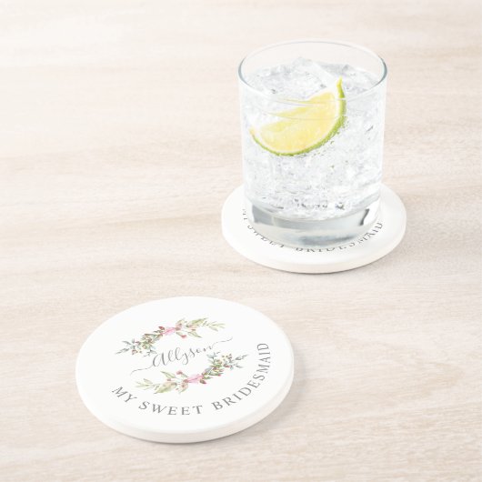 Bridesmaid Elegant Romantic Wreath in Pink Tones Zandsteen Onderzetter (Zijkant)