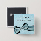 Bridesmaid Faux Blue Satin Bow - Aangepaste naam Vierkante Button 5,1 Cm (Voorkant /achterkant)