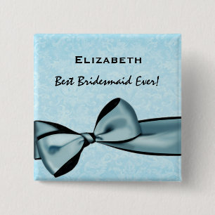 Bridesmaid Faux Blue Satin Bow - Aangepaste naam Vierkante Button 5,1 Cm