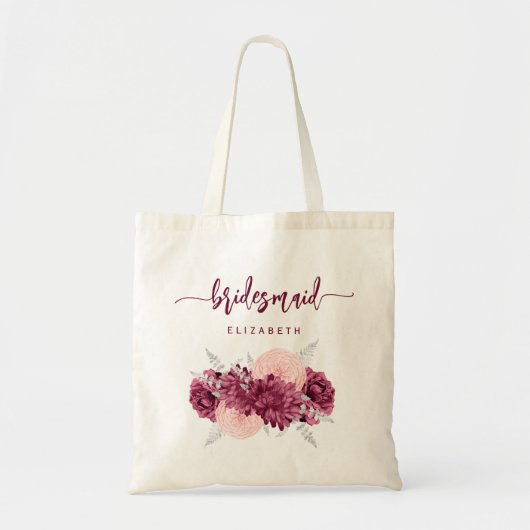 Bridesmaid Floral Burgundy Blush Script Tote Bag (Voorkant)