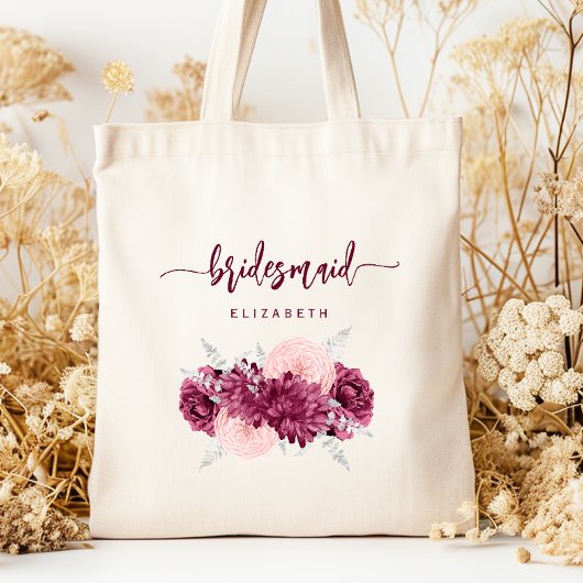 Bridesmaid Floral Burgundy Blush Script Tote Bag